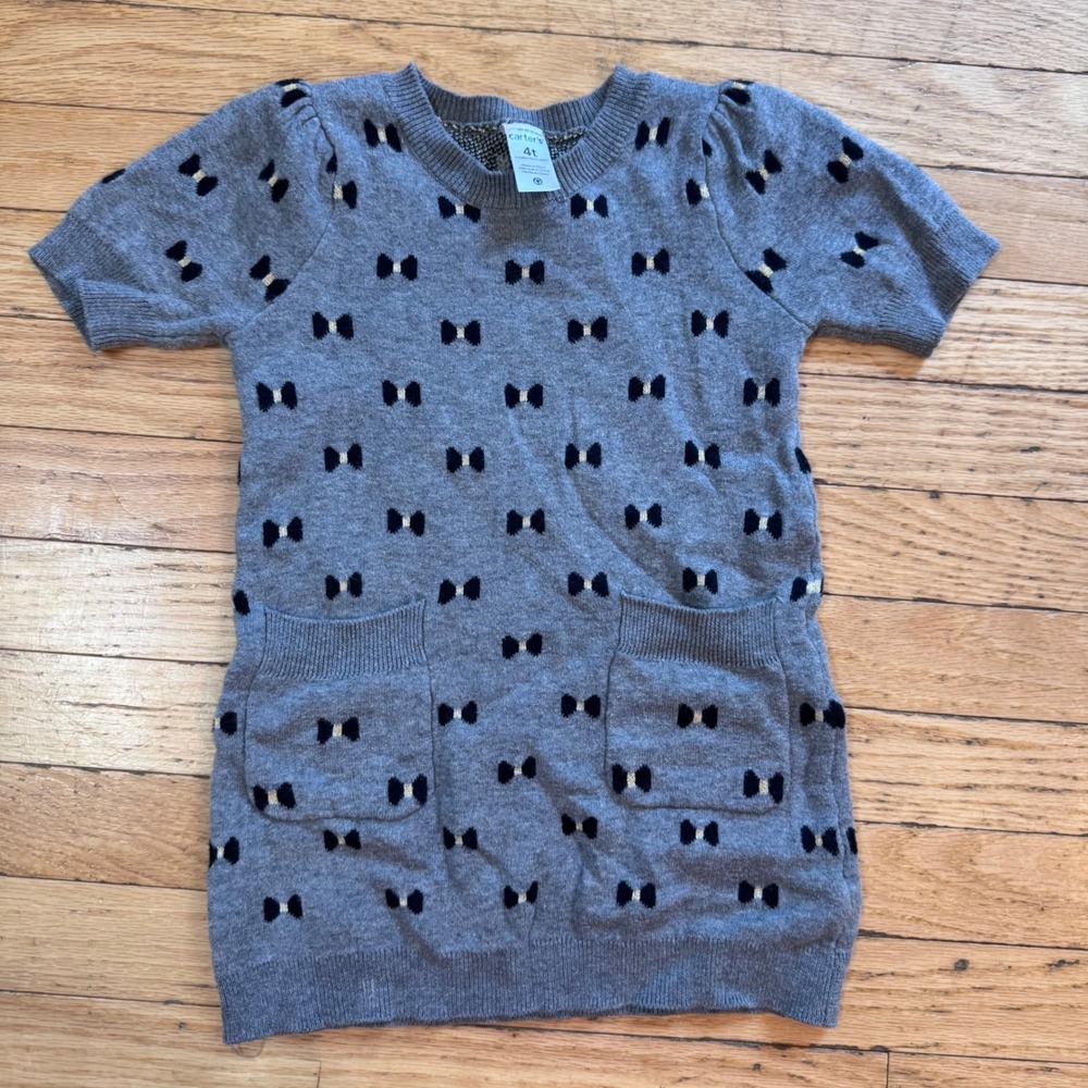 Carters Toddler Girls 4T Gray Bow Print Short Sleeve Sweater Dress Metallic Gold